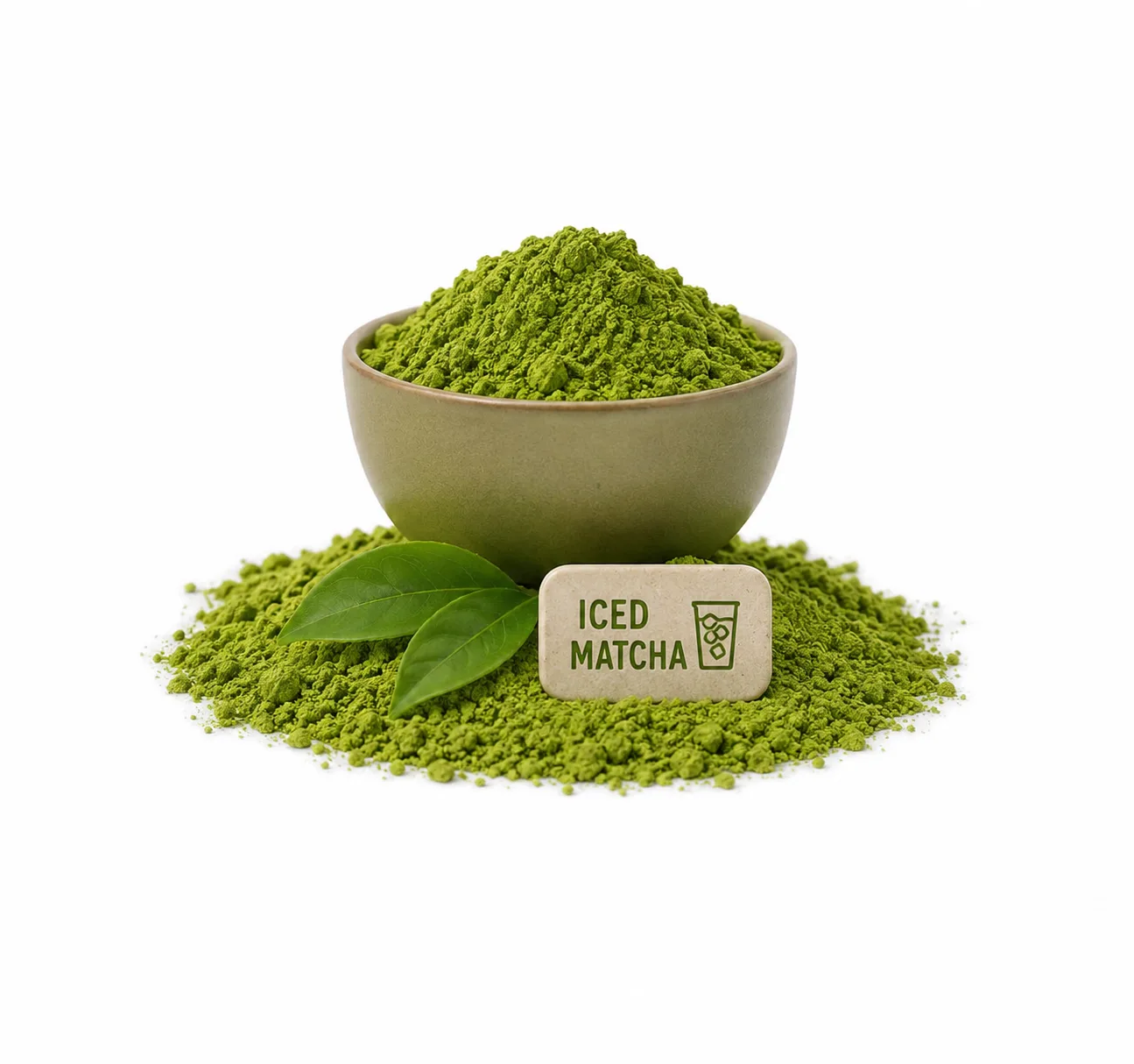 Japāņu matcha pulveris bļodā ar tējas lapām un šķīvi priekš Iced Matcha