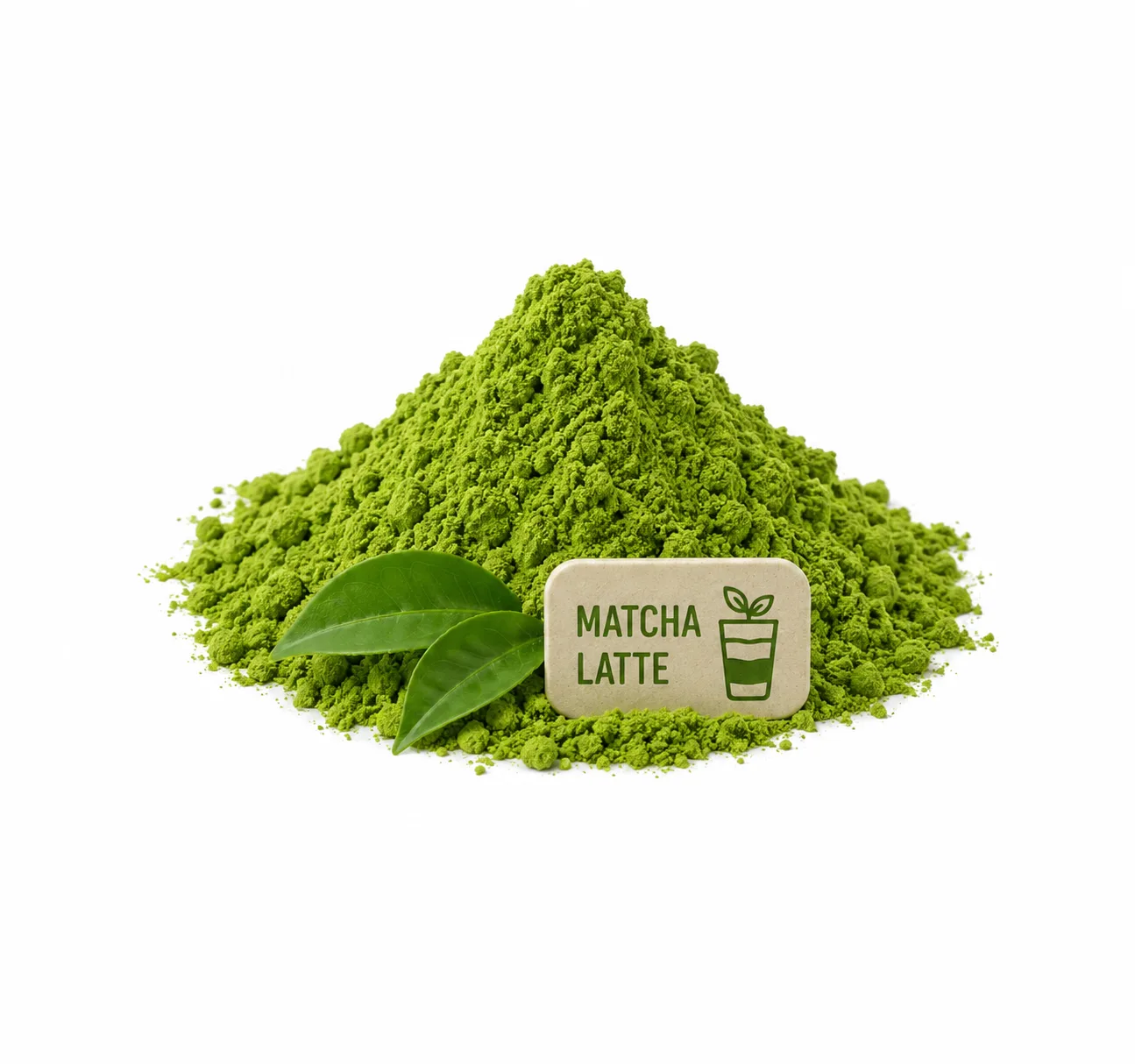 Japāņu matcha pulveris ar tējas lapām un šķīvi par Matcha Latte