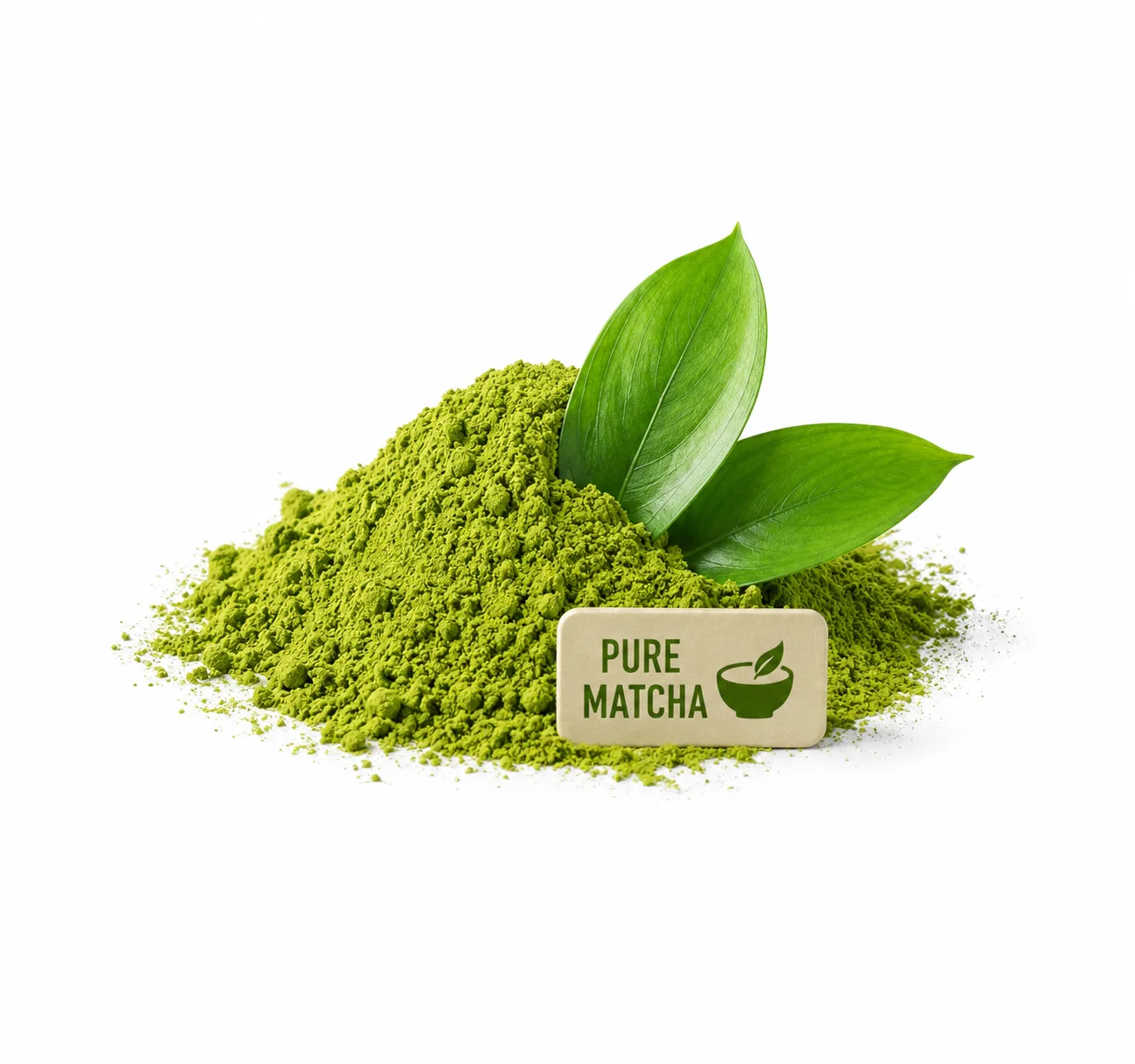 Japāņu matcha pulveris ar zaļās tējas lapām un šķīvis matcha ar karstu ūdeni