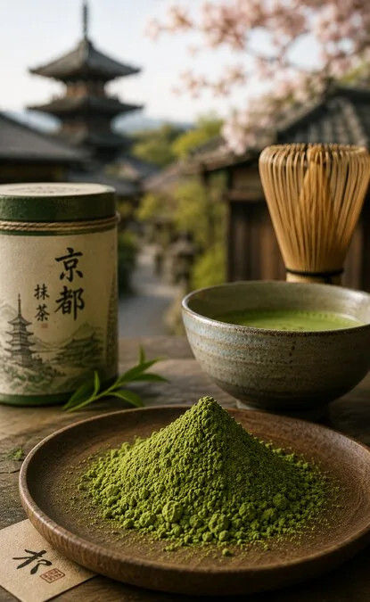 Japāņu matcha bļoda, chasen un matcha pulveris ar Kioto pagodu fonā