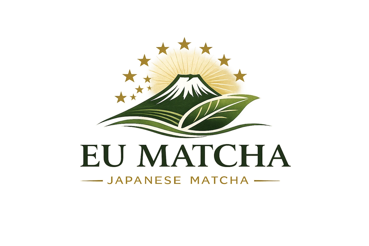 EU Matcha logotips ar Fudži kalnu, japāņu tējas lapām un Eiropas zvaigznēm