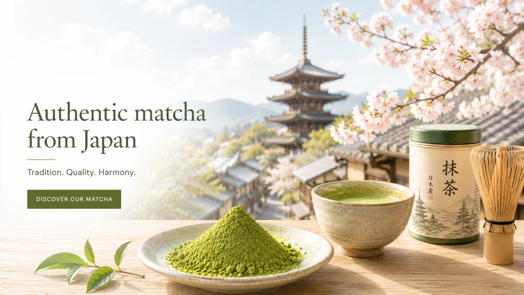 EU Matcha sākumlapas reklāmkarogs ar japāņu matcha, chasen sitēju, tējas bļodu, ķiršu ziedu un japāņu pagodu